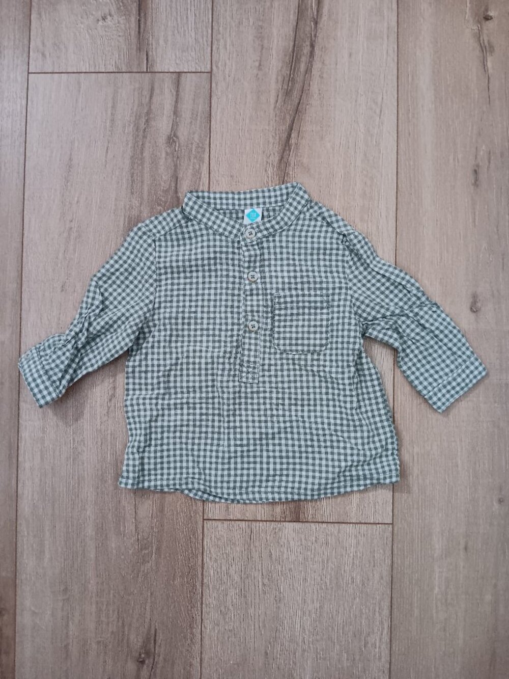 TEX Baby Gingham Plaid Henley Shirt Grandad Collar Green White Woven Top Size 6M